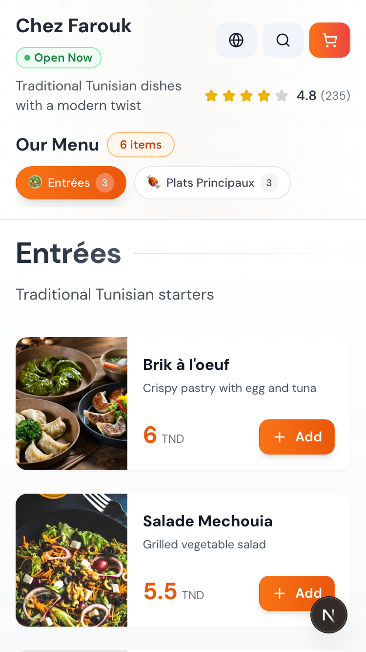 MenuMate digital restaurant menu displayed on mobile device showing food items with prices and descriptions